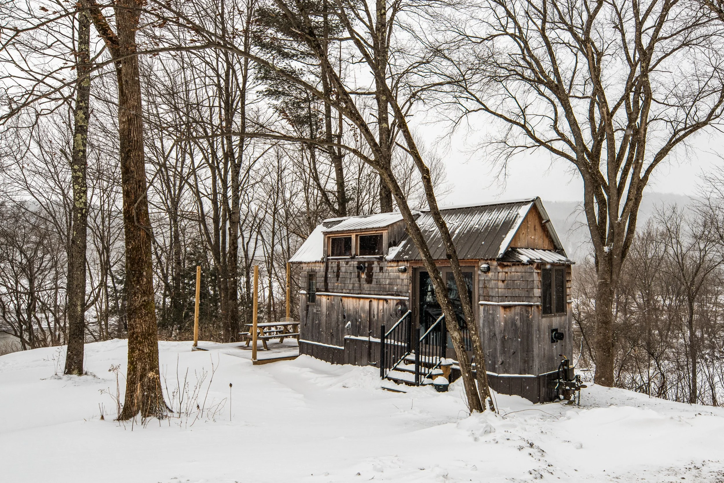 A small wooden cabin with snow on its roof and steps, surrounded by leafless trees in a winter landscape.