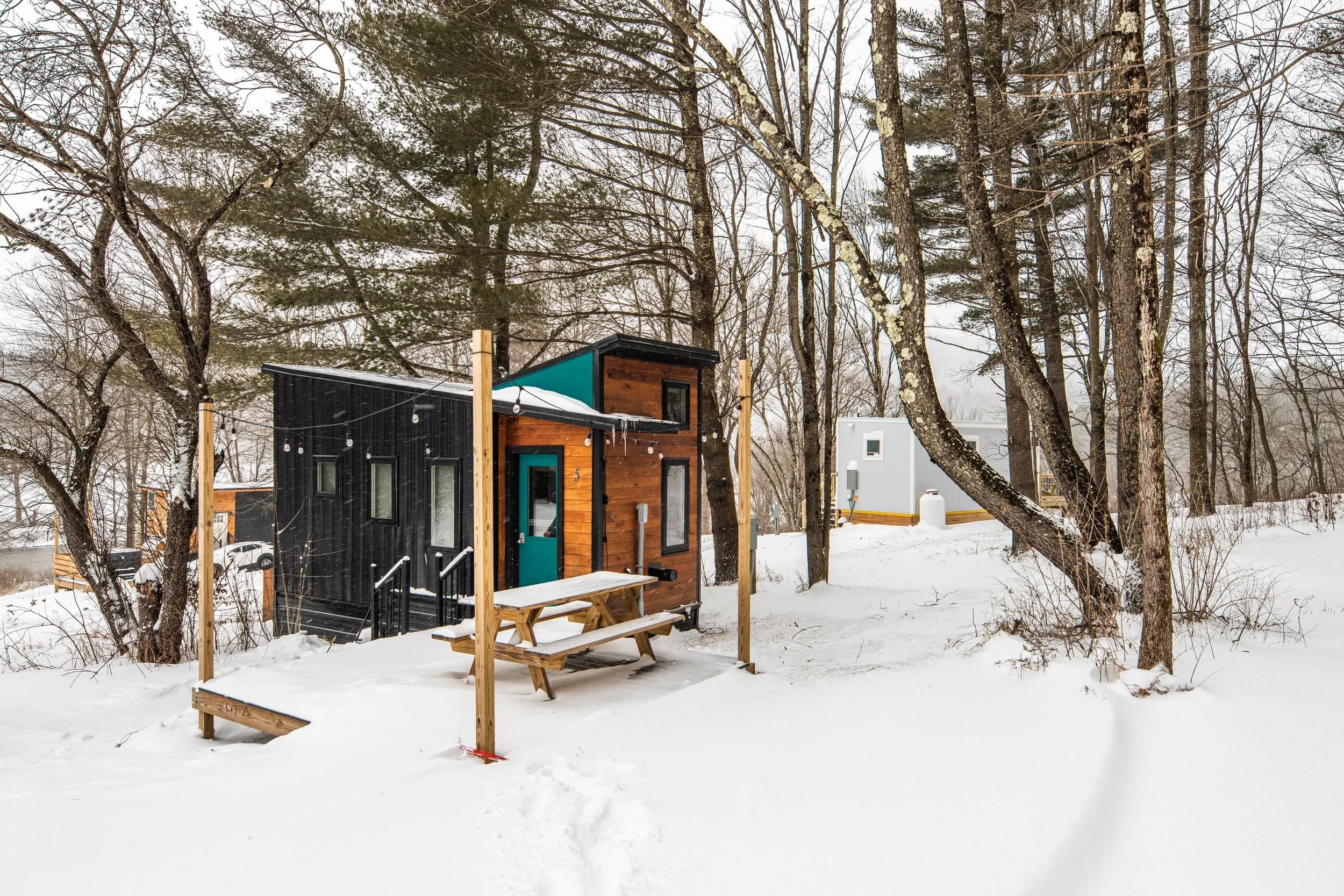 Small modern house with black and wood exterior, surrounded by snow, with a picnic table in front and string lights overhead, in a snowy wooded area.