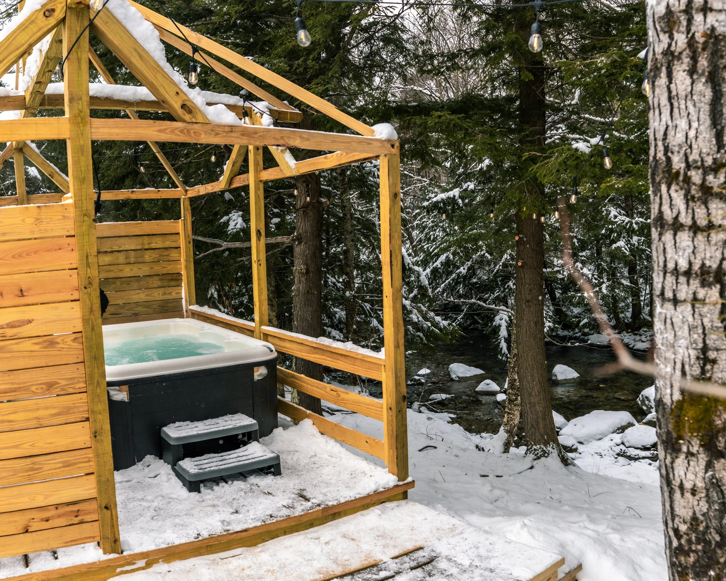 A hot tub inside a wooden structure on a snowy forest deck, overlooking a river with snow-covered trees.