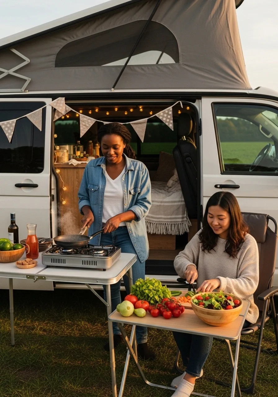 Campervan hire in Scotland showing two women smiling and prepping food with the VW camper behind them.