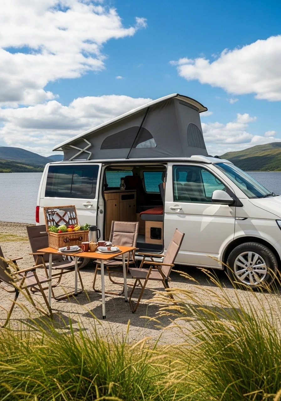 VW Campervan by loch and picnic table set up to rent a campervan in Scotland