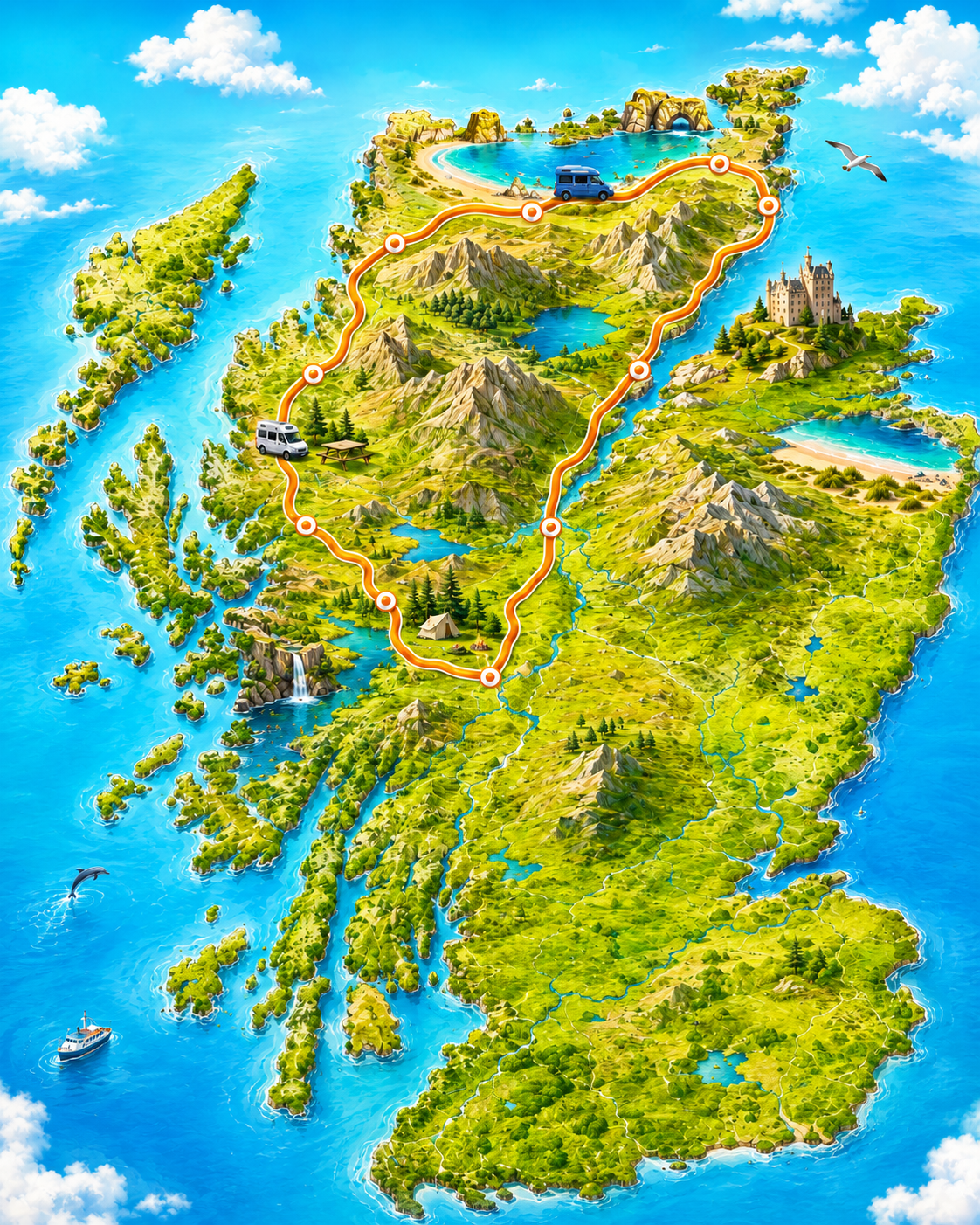 Scottish map illustration, representing VW rental and explorer package, NC500 Campervan Hire