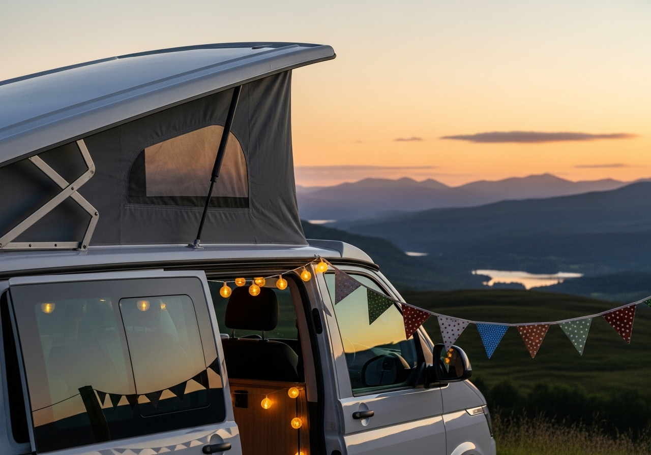 Campervan hire Inverness, Scotland with a VW camper, bunting and a beautiful sunset