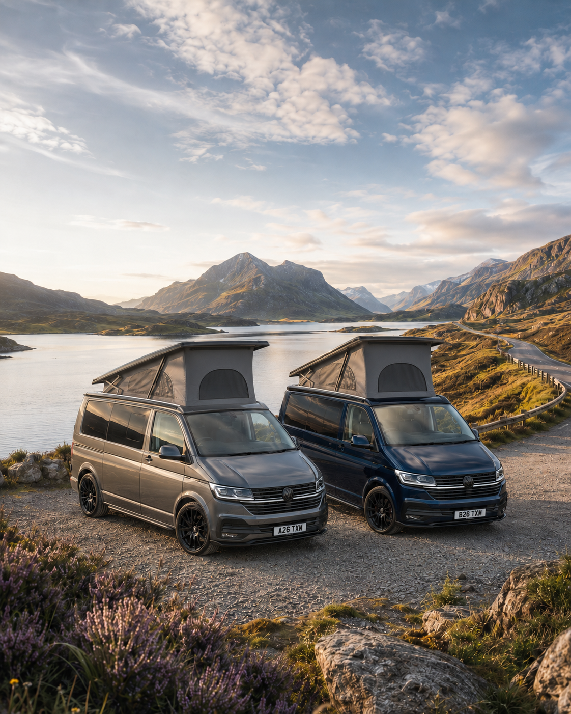Two VW campers in Scotland with landscape view behind, NC500 campervan hire, TXM Campers