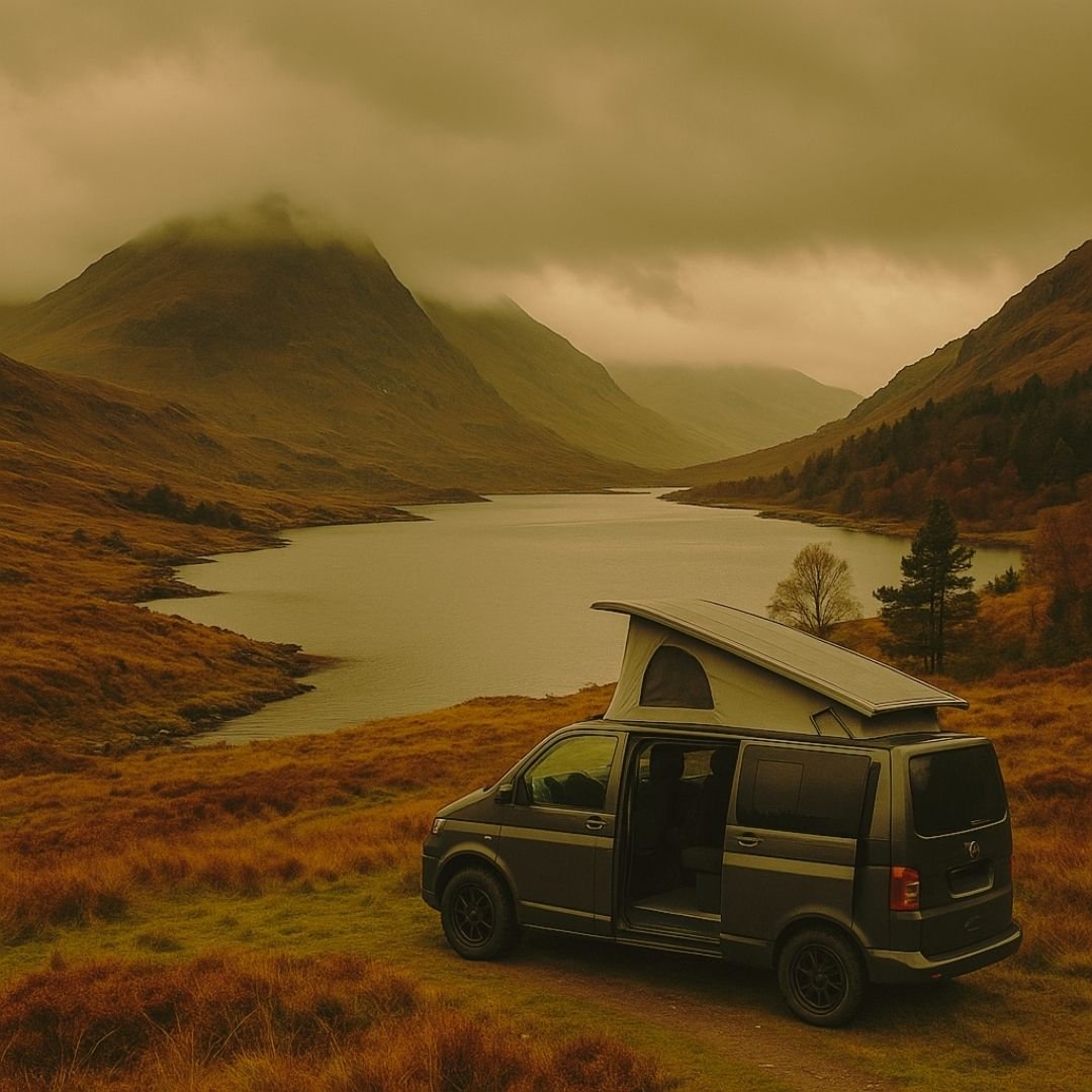 Inverness campervan rental with a view of a misty lake and moody skies.