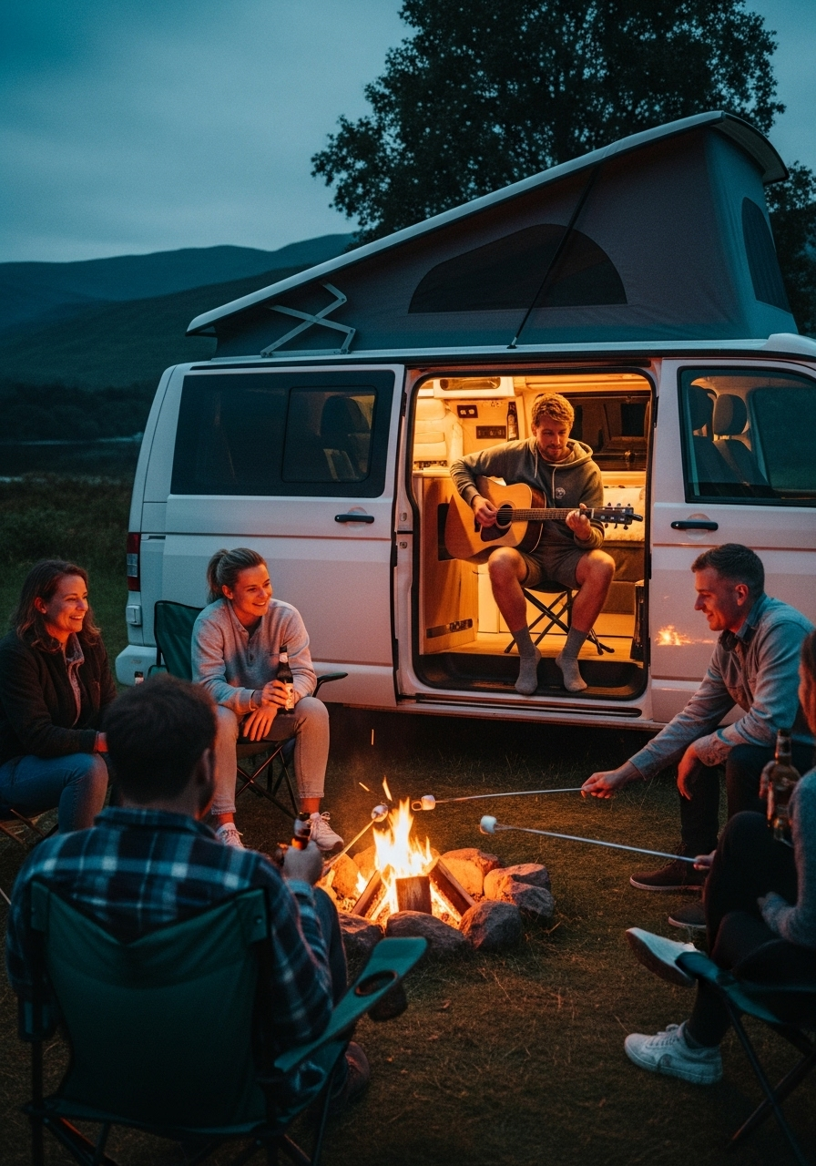 Campervan hire Scotland with friends playing guitar, laughing, roasting marshmallows