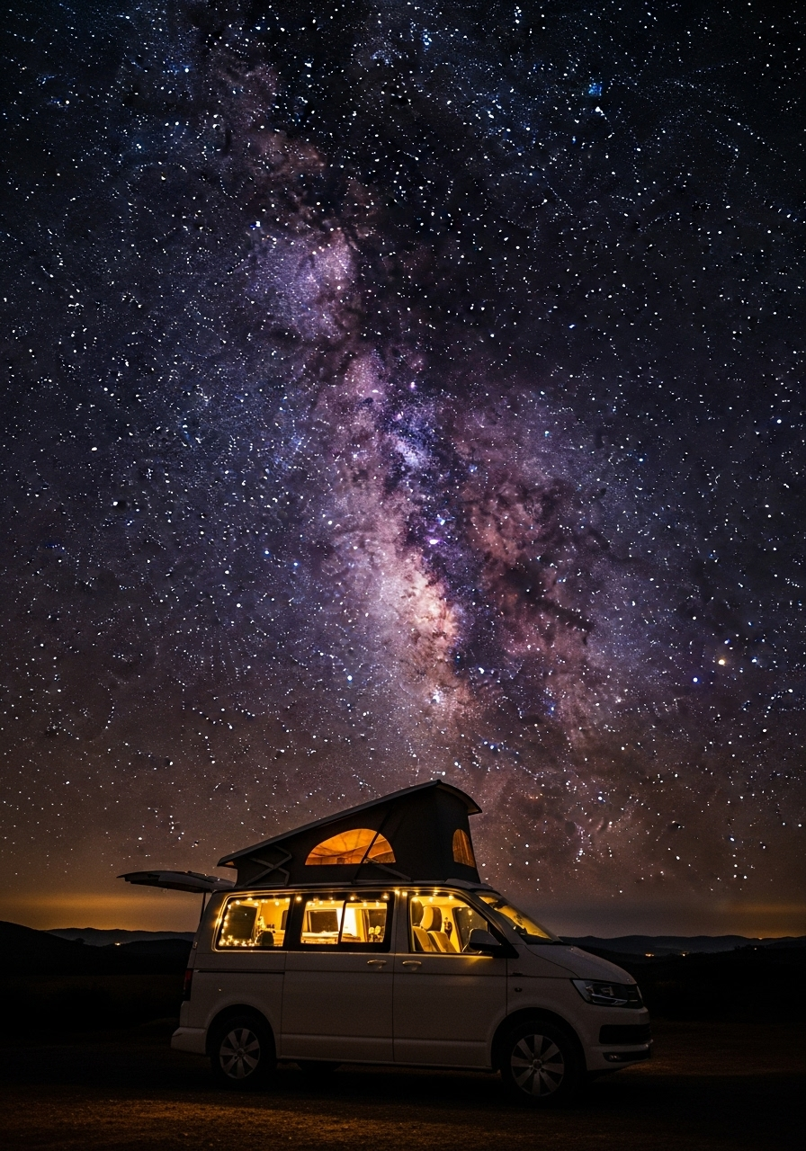 Rent a campervan in Scotland with VW Campervan showing with night sky and pop top up
