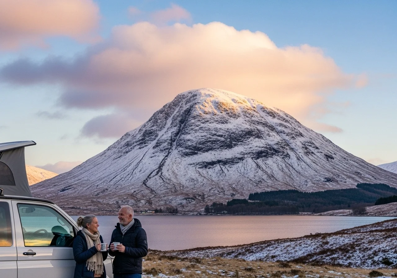 Campervan hire Inverness showing a couple with a snowy mountain next to a loch with VW campervan