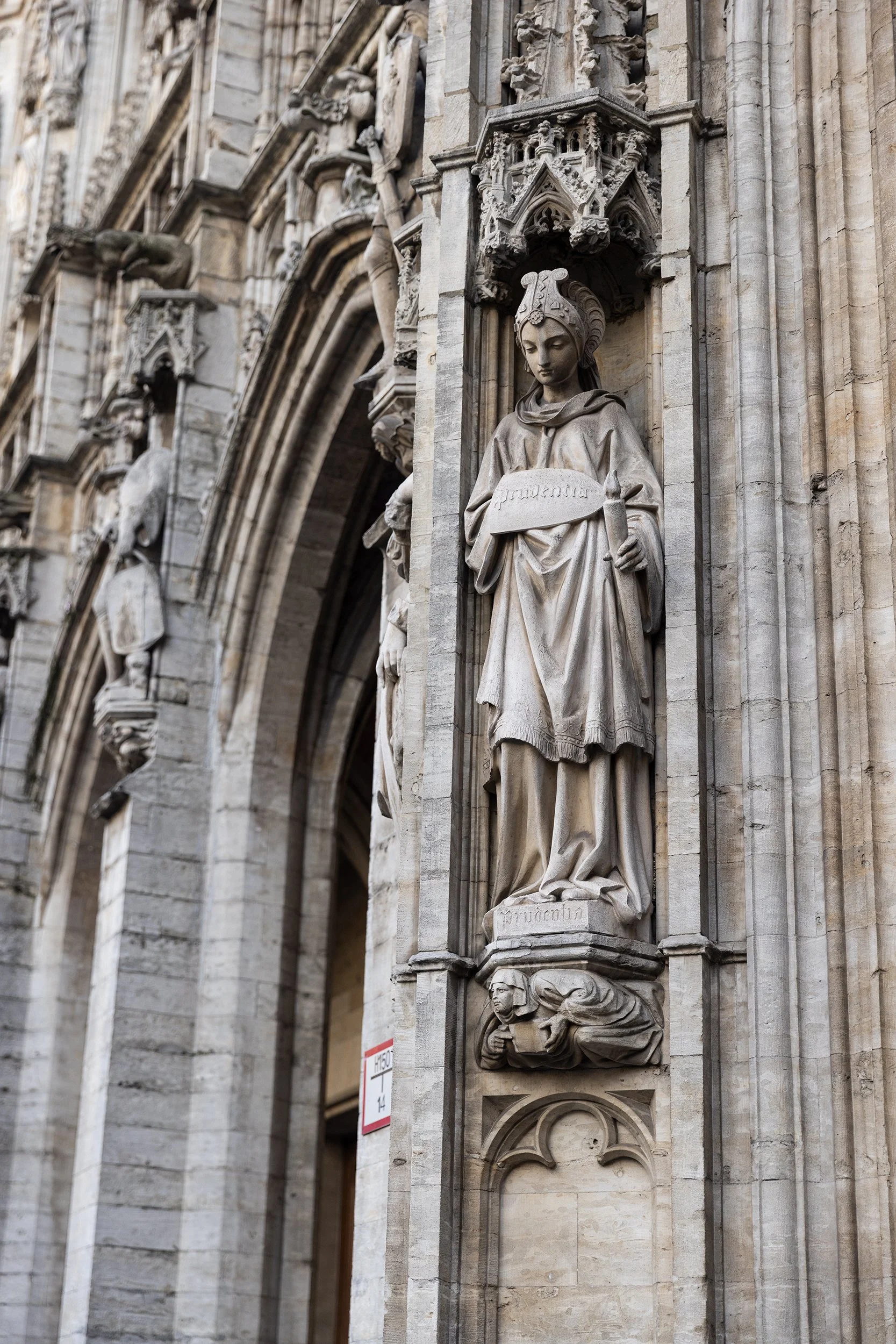 Statue of Prudentia (Prudence) on the facade of the Brussels Town Hall