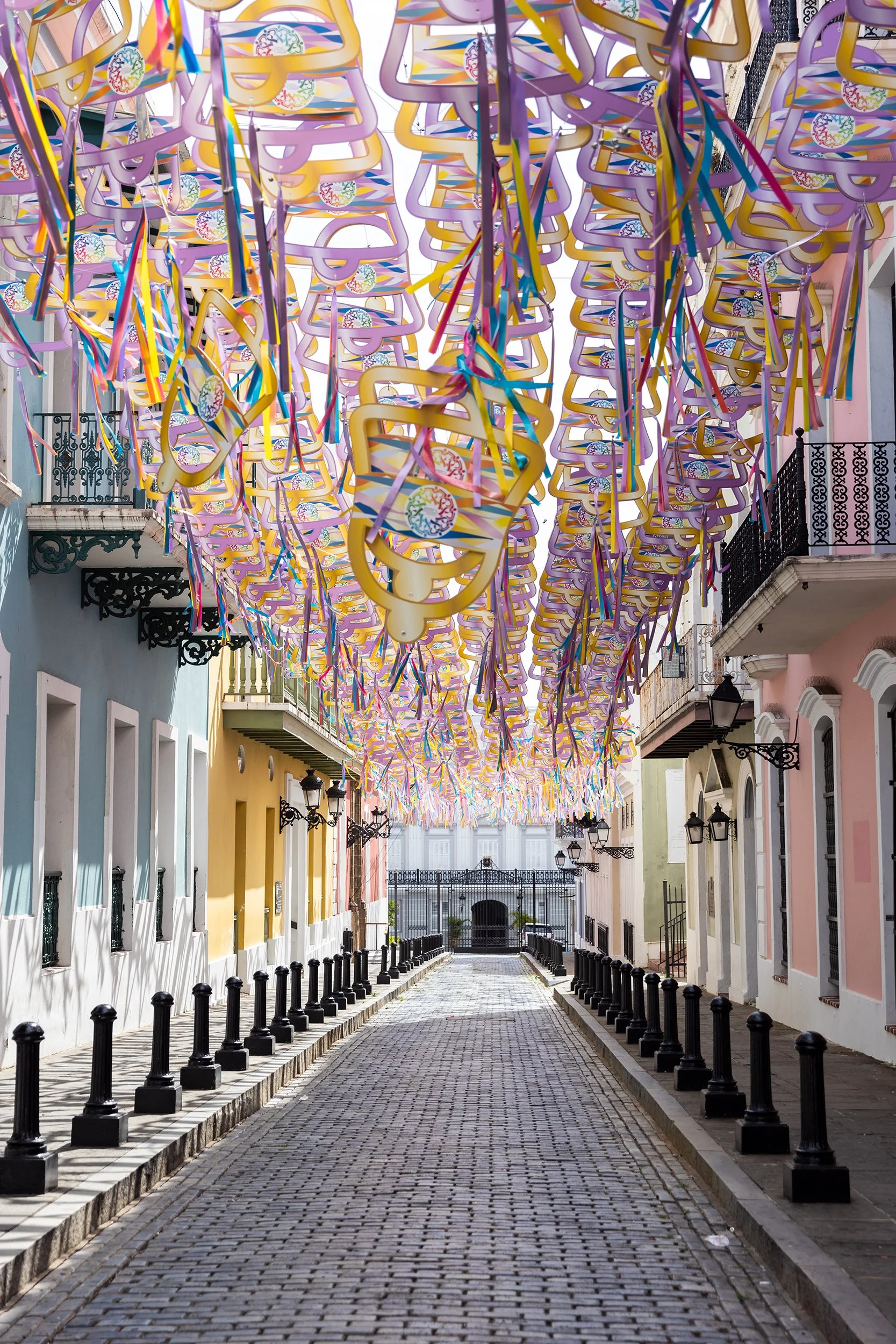Calle Fortaleza decorated with streamer bells, San Juan, Puerto Rico