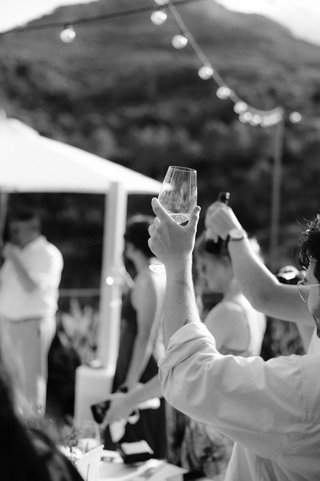 People raising glasses in a toast at an outdoor gathering under string lights, with a tent and a mountain in the background.