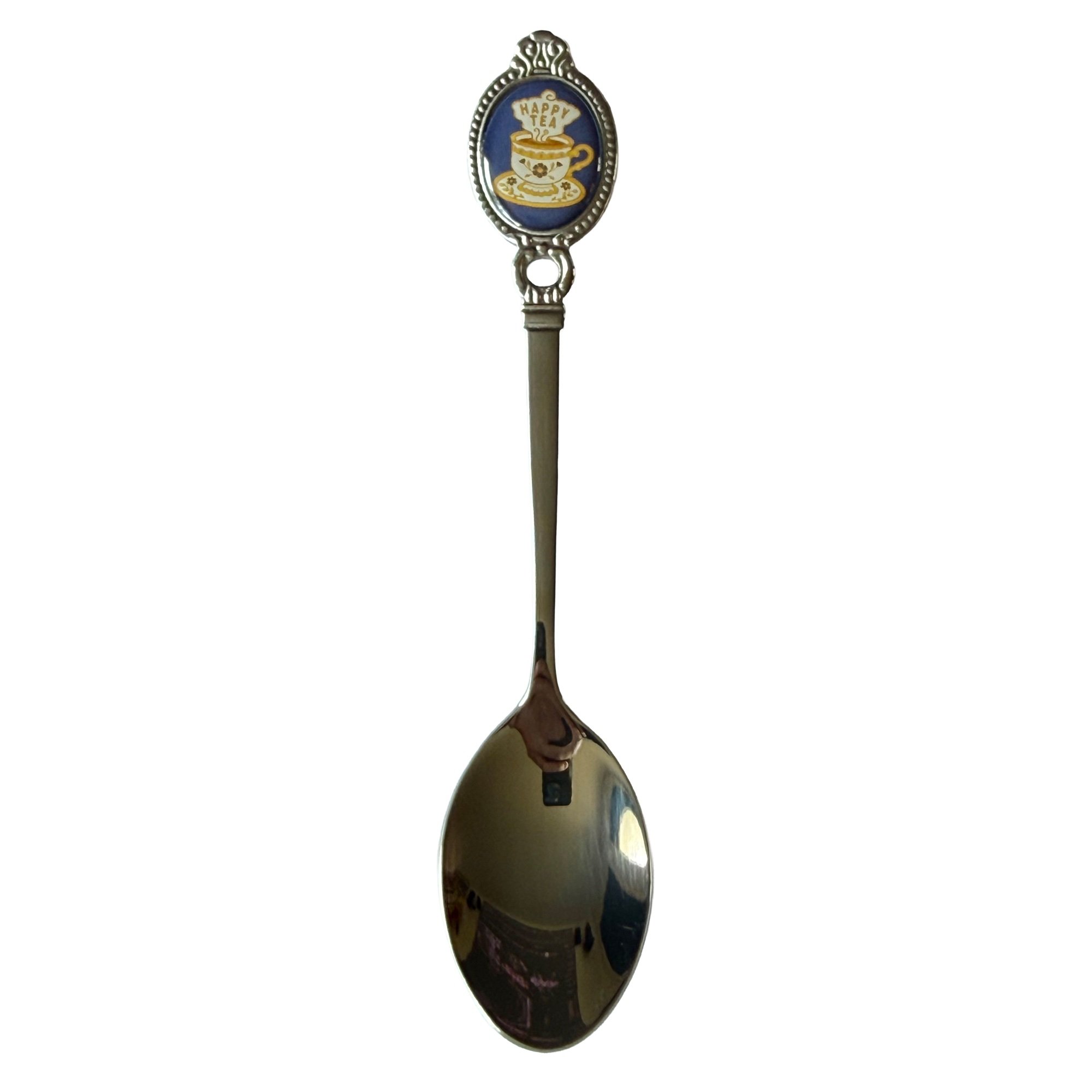 The Happy Tea Teaspoon in royal blue, a vintage-style souvenir teaspoon with a teacup crest