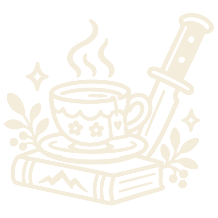 Jennifer Jane logo: a steaming teacup on a book, with a dagger