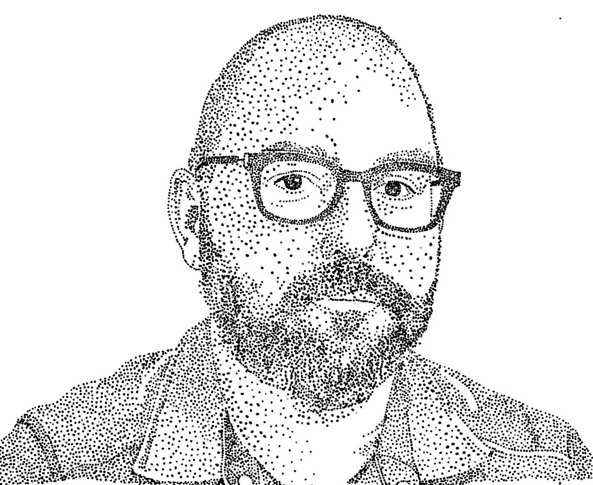 Pointillist drawing of a man with glasses, a beard, and a mustache, wearing a collared shirt.