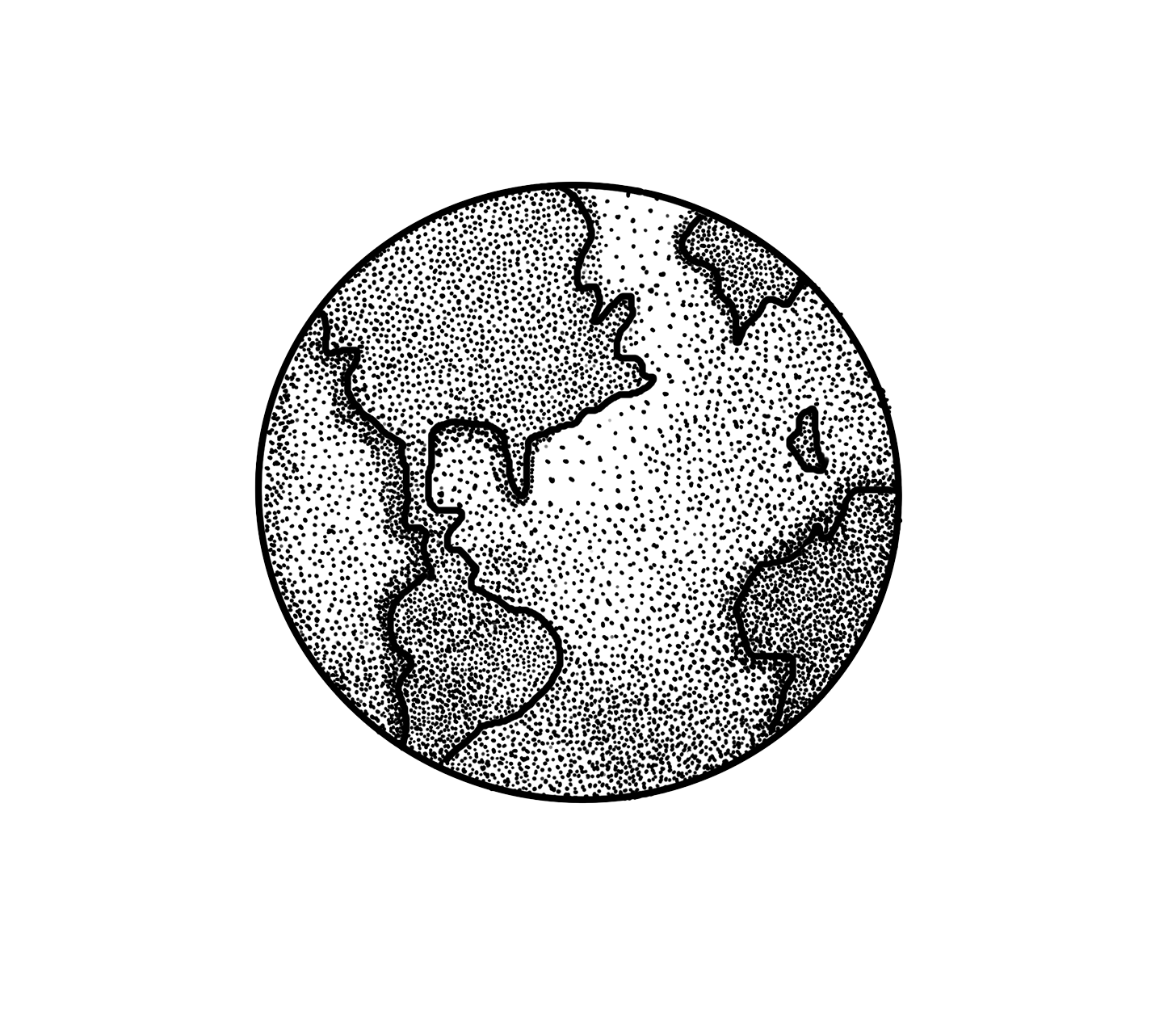 A black and white dotted illustration of Earth with continents outlined in black, set against a black background.