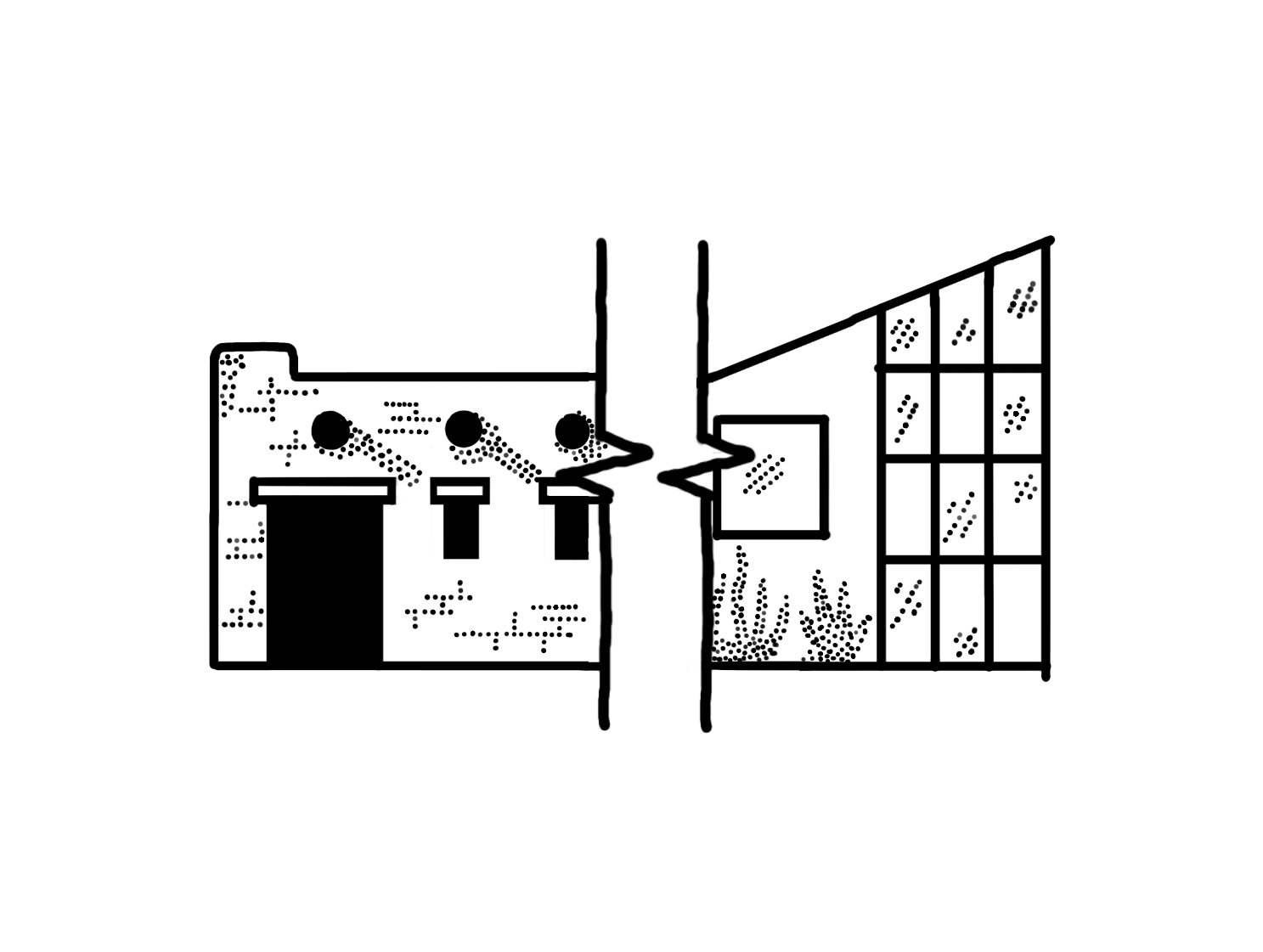 Black and white illustration of a building divided into three sections: left section with three circular vents and a large opening, middle section with a tall dividing wall, and right section with a modern glass facade showing plants inside.