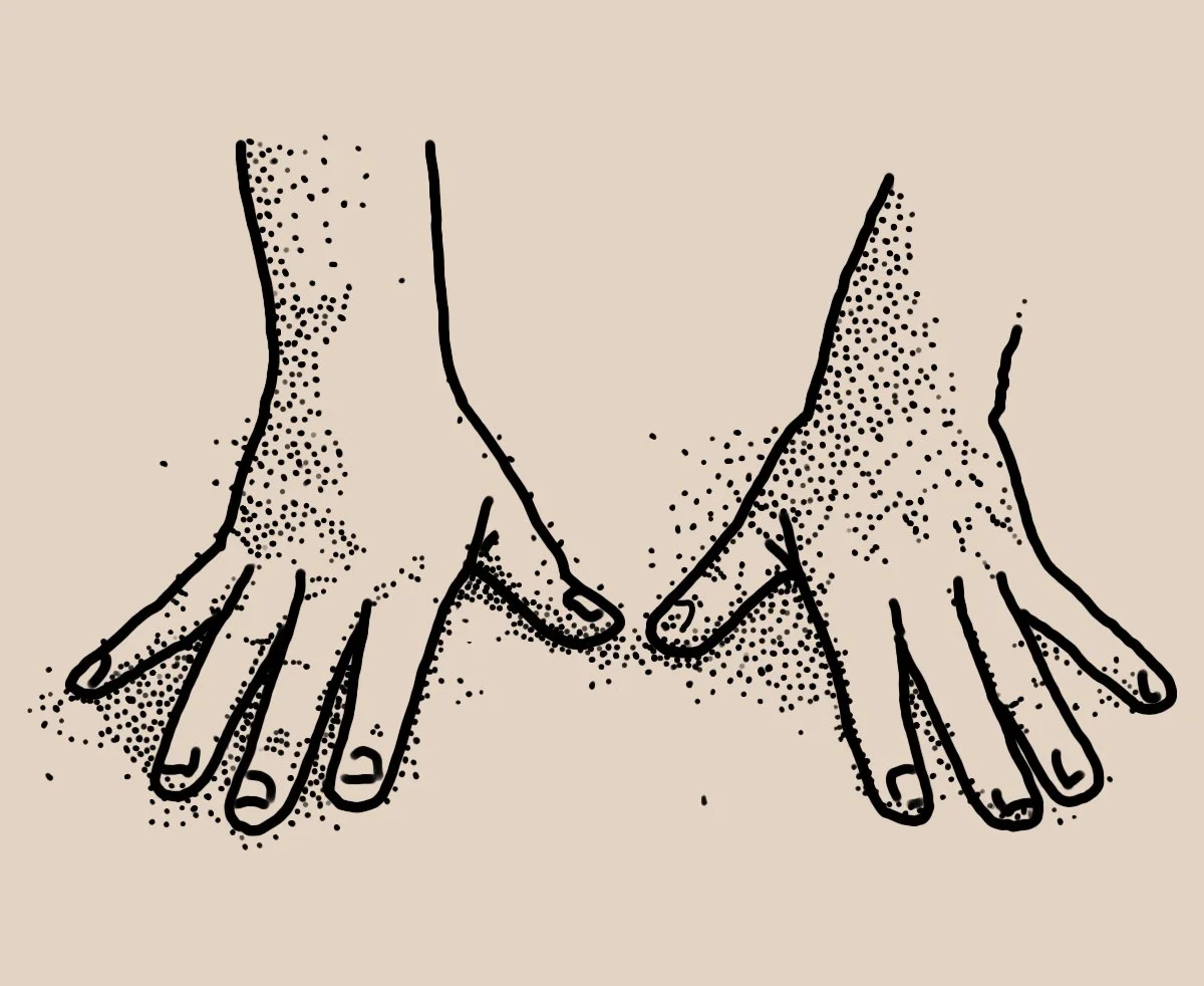 Line drawing of two hands touching each other with palms facing down, on a beige background.