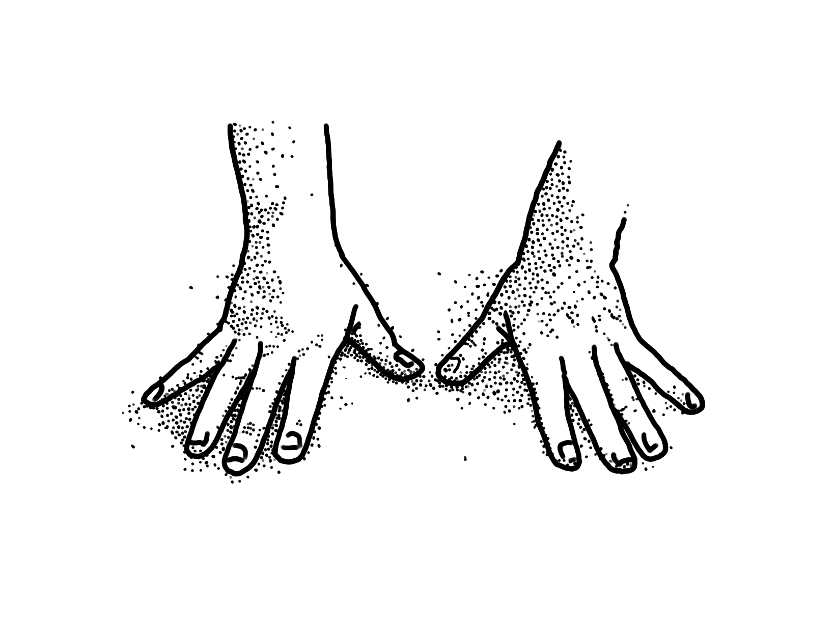 Black and white digital line art of two hands with fingers spread out, positioned towards each other but not touching, on a black background.