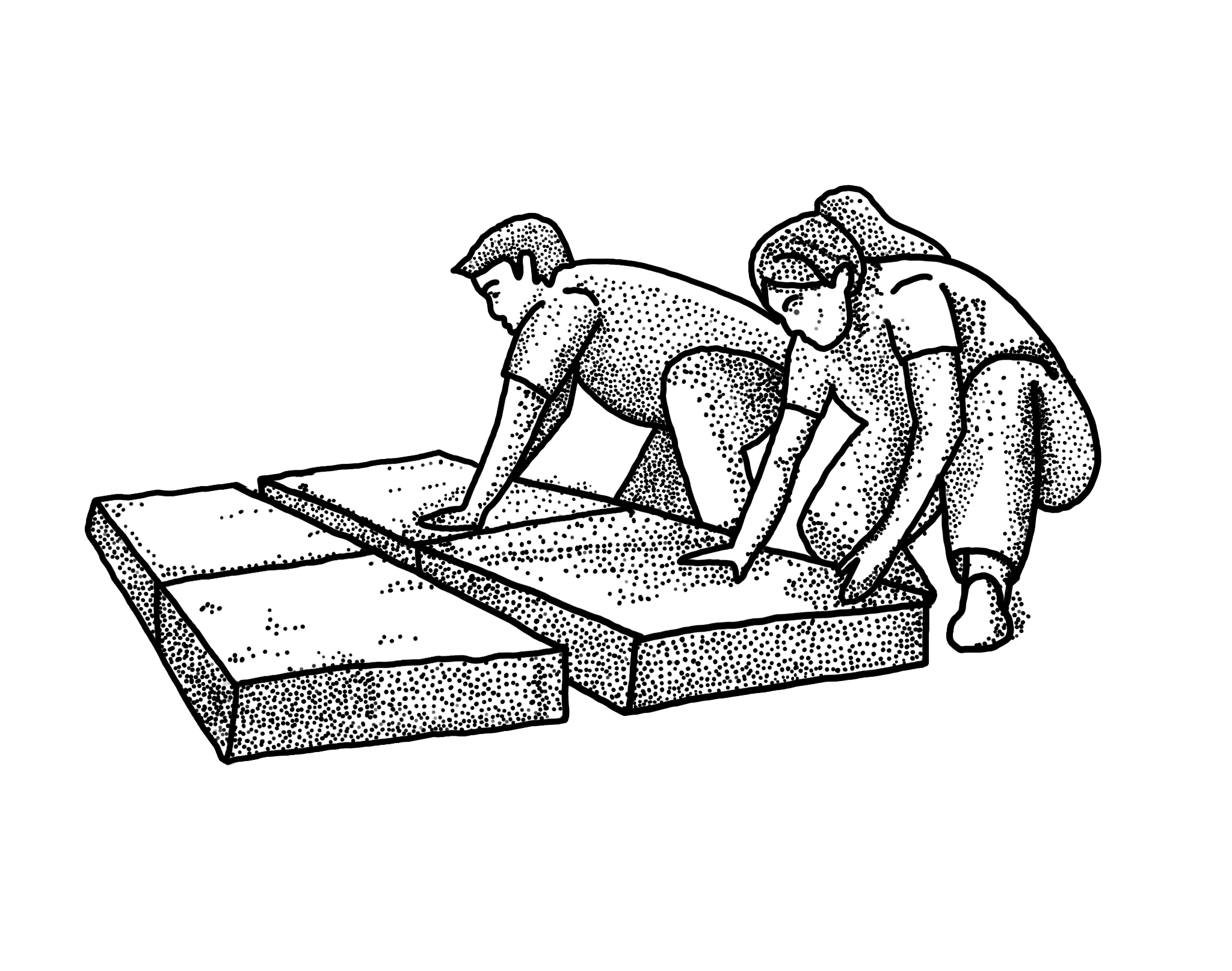 Two people in casual clothing crawling on a raised platform.