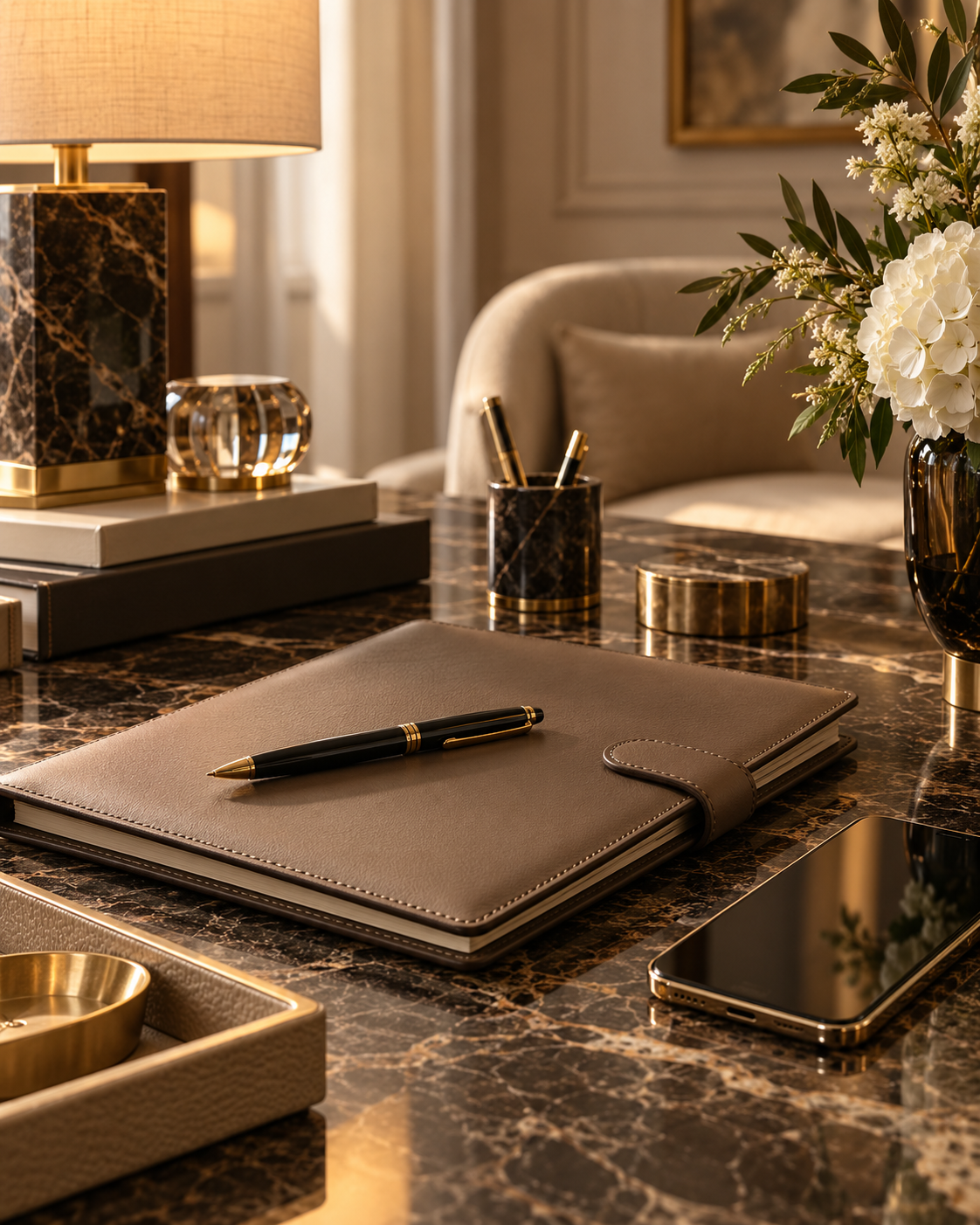 Elegant marble executive desk featuring a leather-bound notebook, black pen, smartphone, floral arrangement, and refined office accessories.