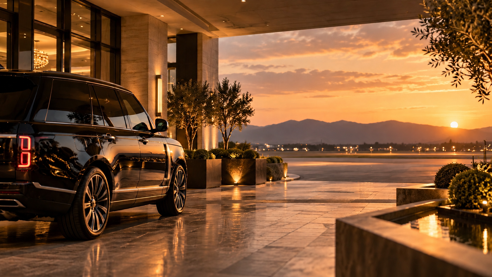 Luxury black SUV parked outside a modern building at sunset, with mountains and a city skyline in the background.