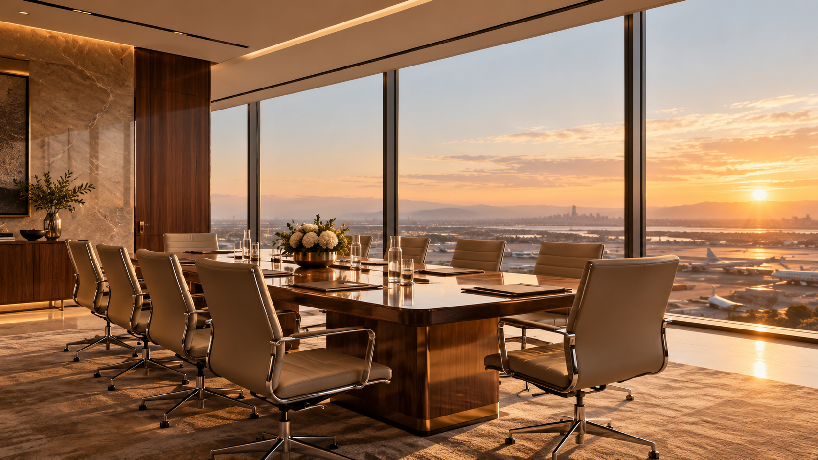 Luxury executive conference room with a wooden meeting table, upholstered chairs, and panoramic windows.