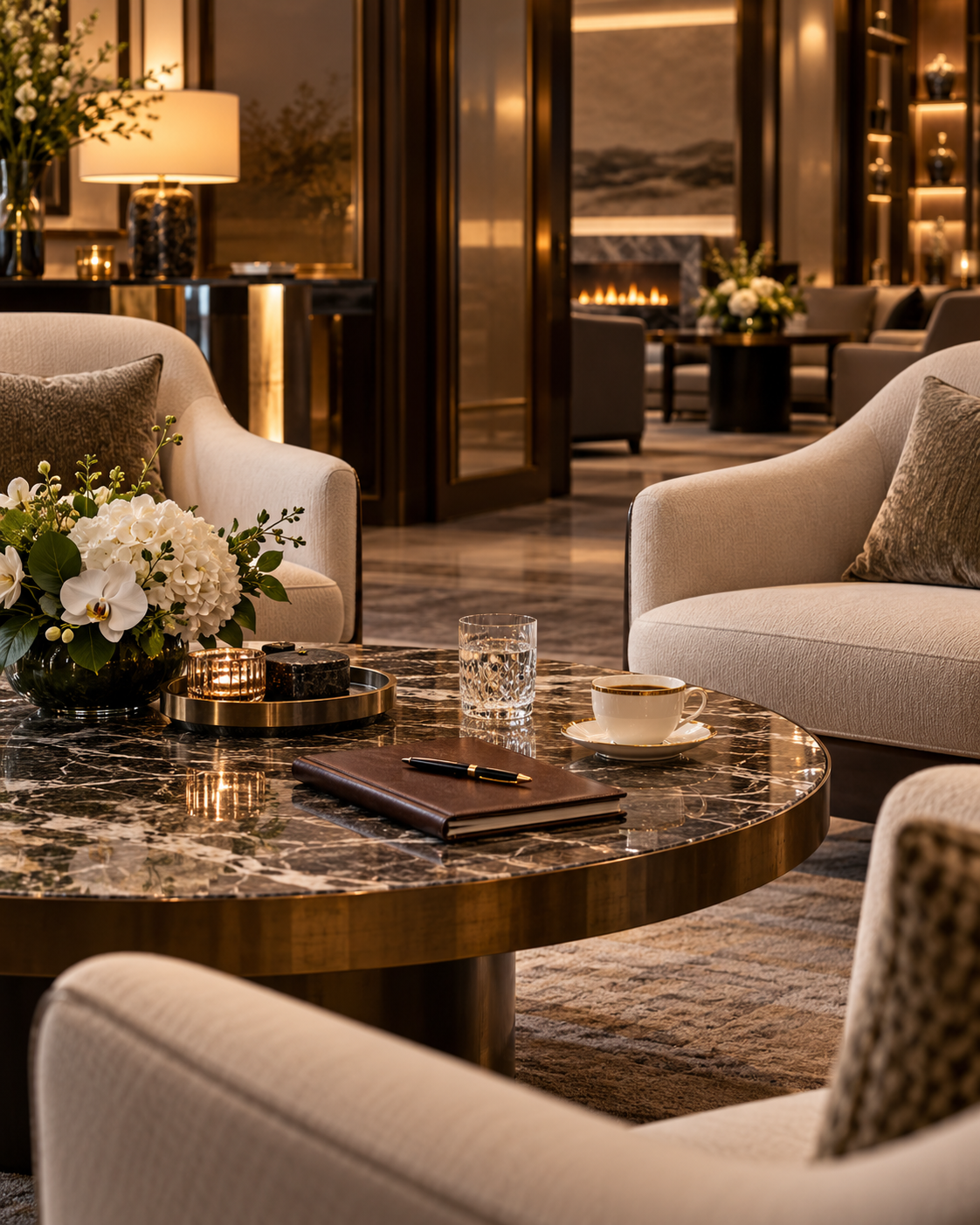 Warmly lit luxury hotel lounge with elegant seating, a marble coffee table, and a fireplace.
