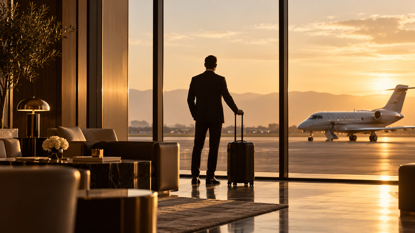 Business traveler with a suitcase overlooking a private jet on the airport tarmac at sunset.