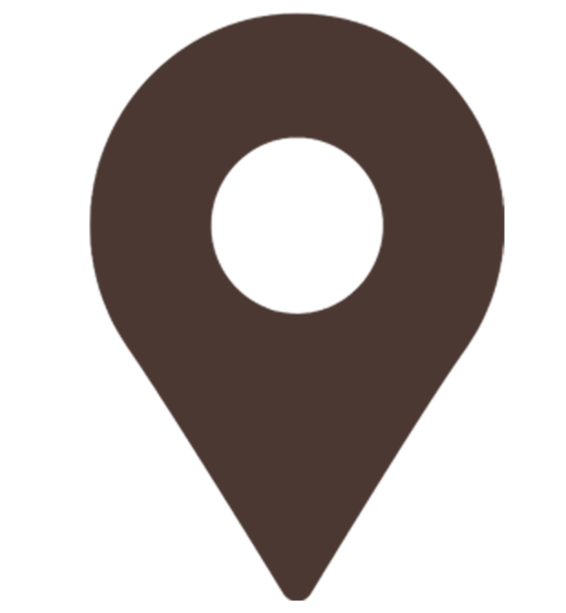 A brown location pin icon on a black background.