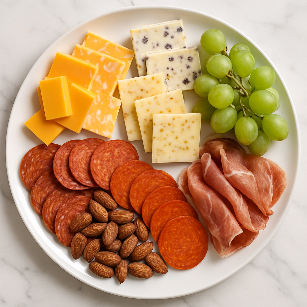 A white round cheese and charcuterie platter with green grapes, slices of cheddar cheese, Swiss cheese, pepper jack cheese, slices of salami, slices of pepperoni, prosciutto, whole almonds, and whole almonds on a white marble surface.