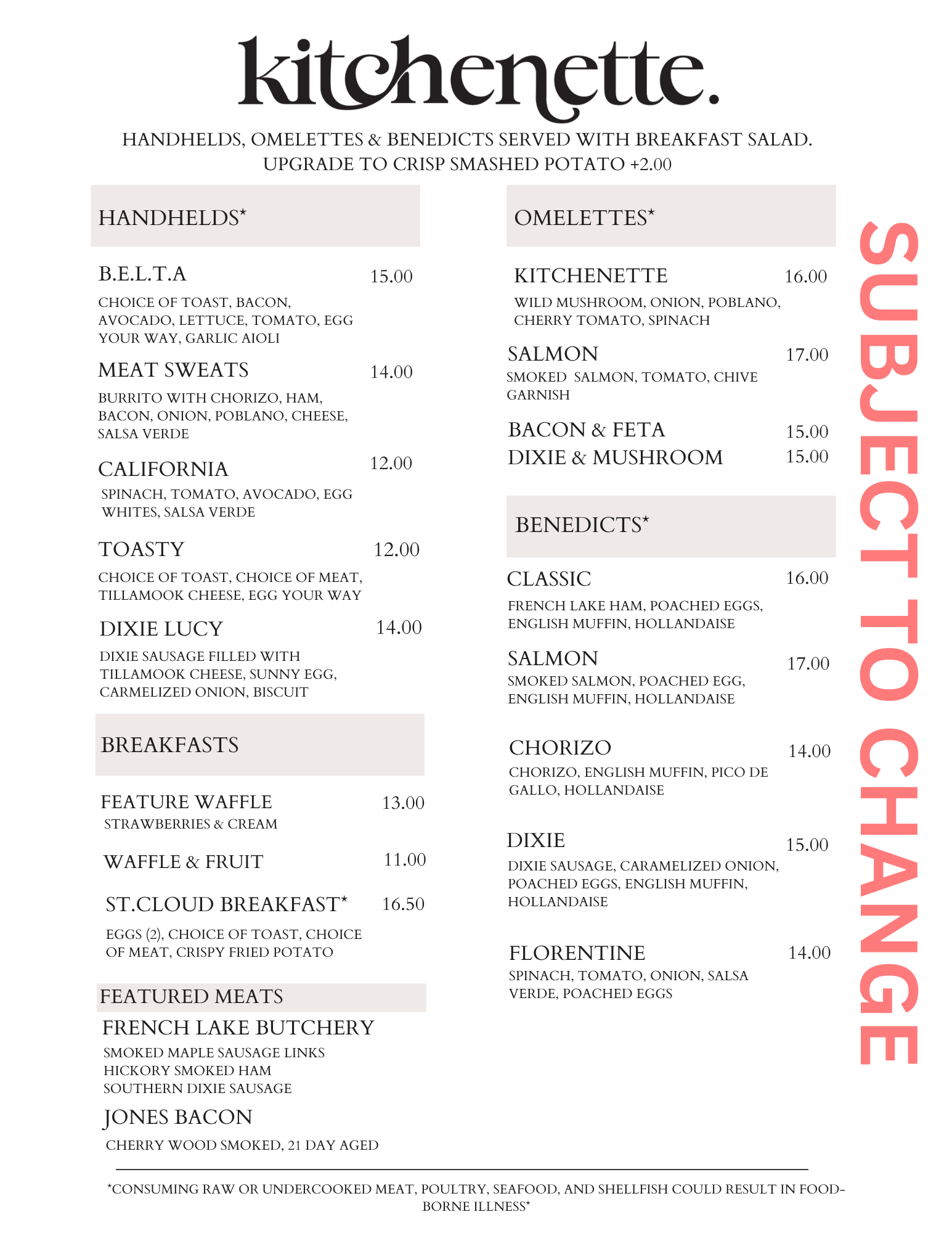 Menu showing breakfast, hand-held, omelette, and Benedict options with prices, including items like B.E.L.T.A, meat sweats, California, toasty, Dixie Lucy, feature waffle, waffle & fruit, St. Cloud breakfast, and various omelettes and Benedicts.