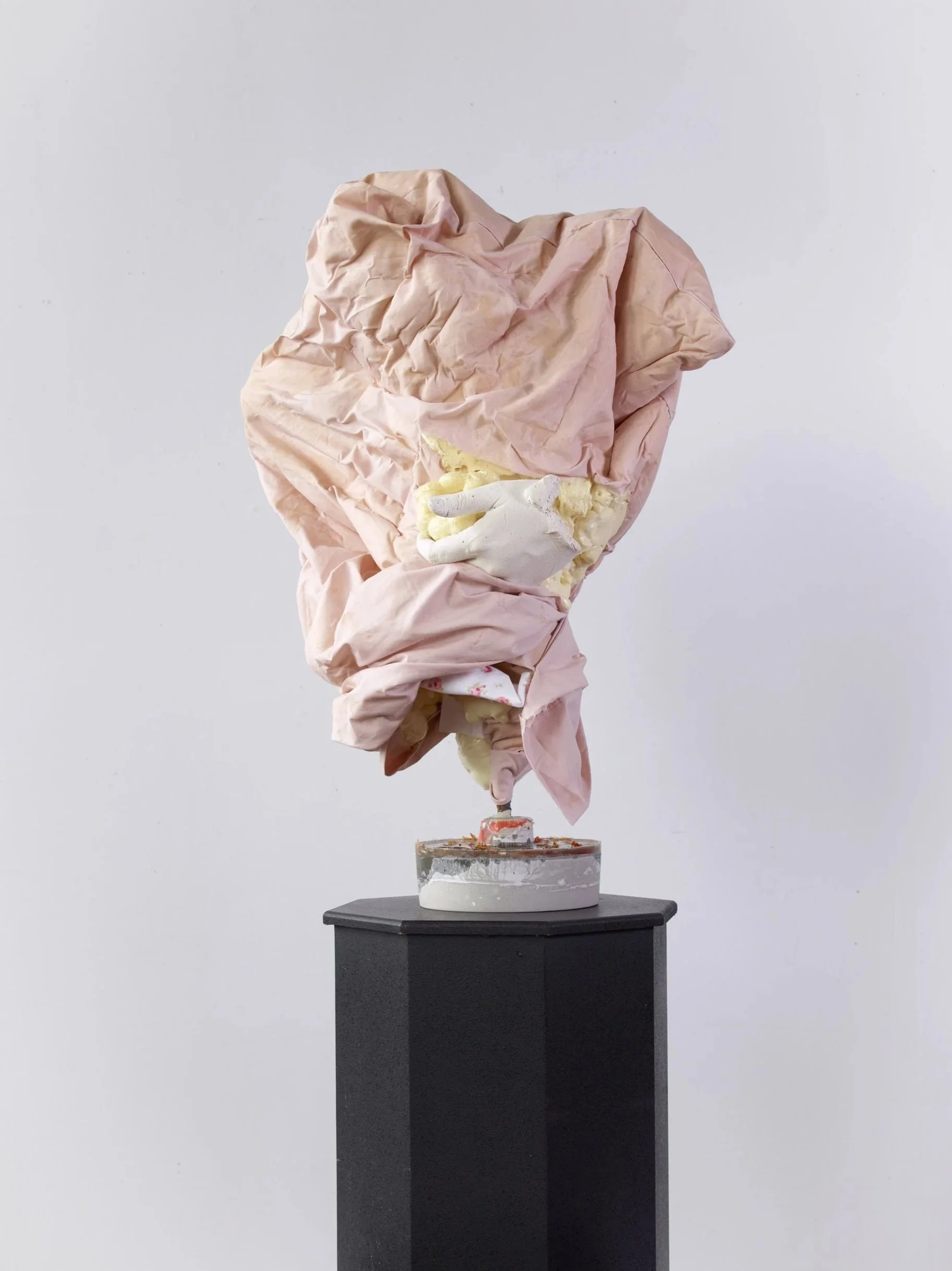 Madonna, pillowcase, plaster, polyurethane foam, concrete, dried flowers, rebar. 2022