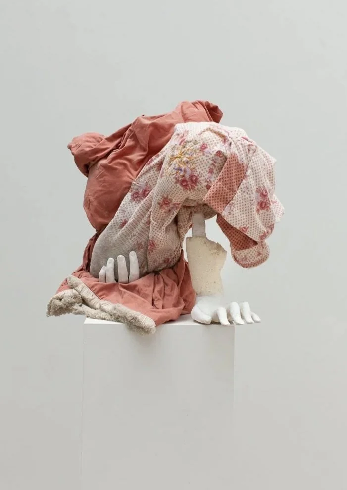 Monster and the Elk, pillowcases, polyurethane foam, plaster, wood, rebar, pillow stuffing, embroidery, 2023