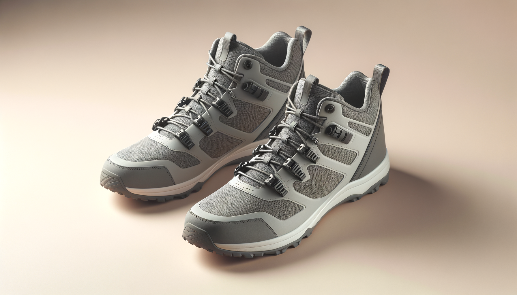 Gray hiking boots with black and gray laces on a beige background.