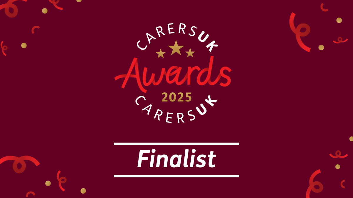 CAERERS UK Awards 2025 finalist badge with confetti on a maroon background.