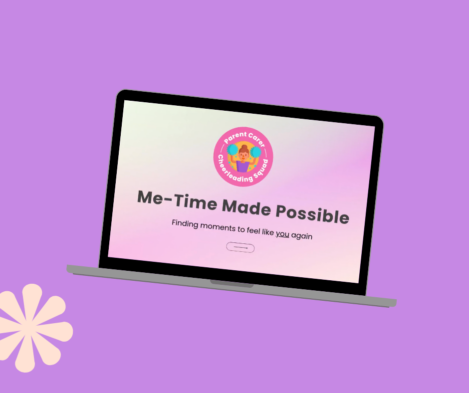 Laptop displaying a website for Parent Care Cheerleading Squad with the title 'Me-Time Made Possible' and a subtitle about finding moments to feel like you again, set against a purple background with a flower in the bottom left corner.