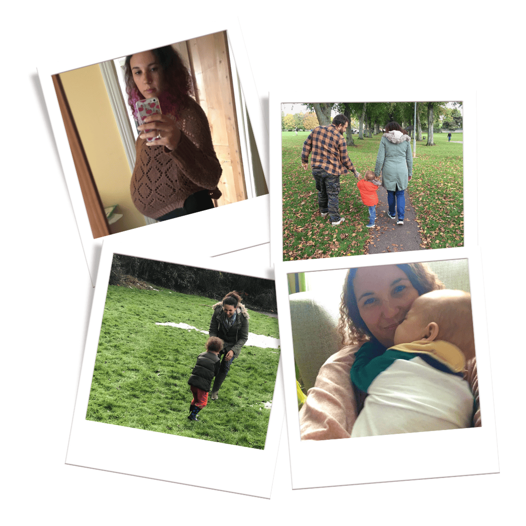 Collection of four photos featuring a woman with curly hair and children. In one photo, the woman takes a mirror selfie indoors, wearing a brown crochet sweater. In another, she walks with a man and a little girl in a park, holding hands with the girl. The third photo shows the woman playing with a young boy outside on the grass. The fourth photo captures the woman smiling and kissing a baby, who is wrapped in a blanket.