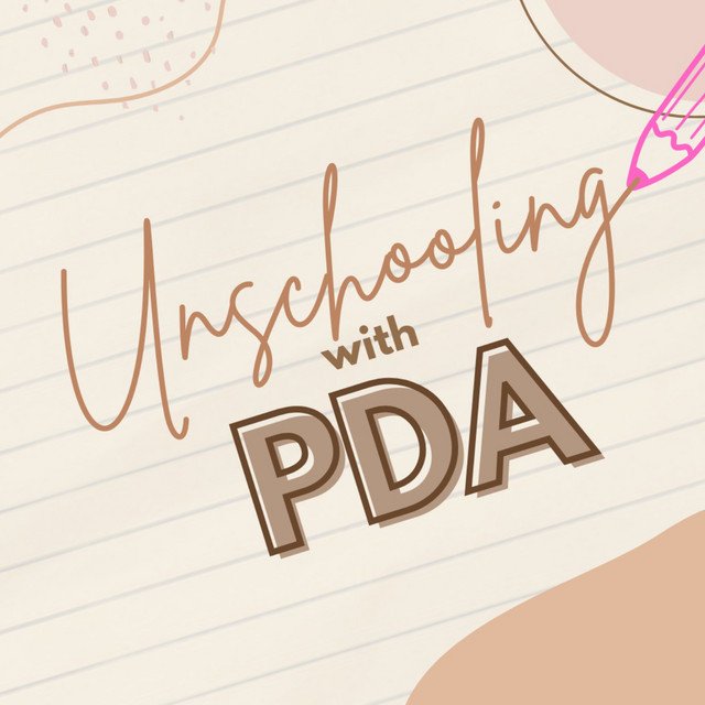 A notebook page with handwritten text that says "Unschooling with PDA," decorated with pink and brown doodles and a pink pen