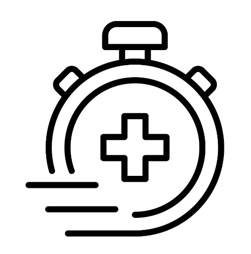 Stopwatch with a medical cross icon, representing fast urgent care and short wait times for walk-in patients.