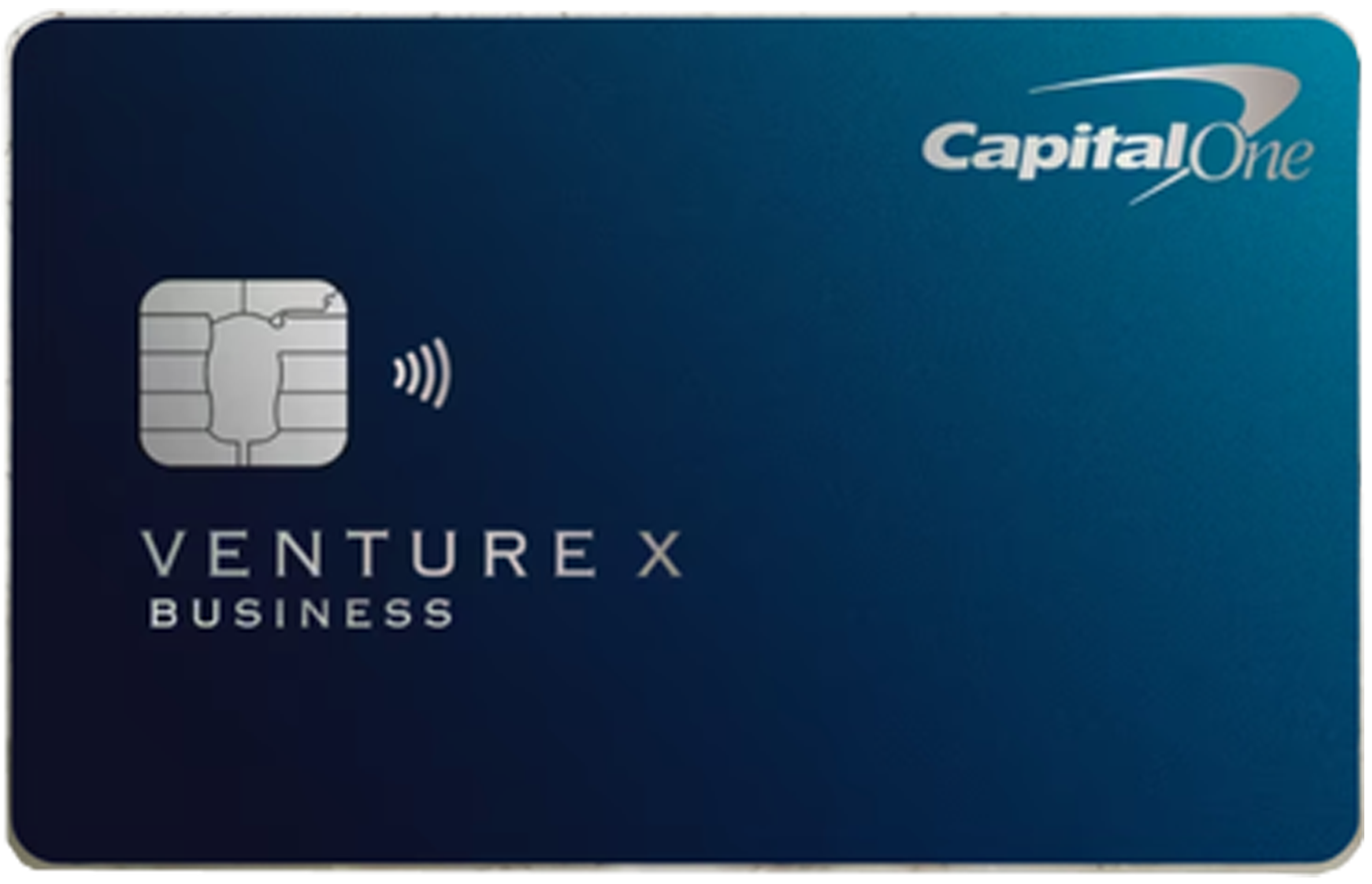 Close-up of a blue Capital One Venture X Business credit card showing the chip and contactless payment symbol.