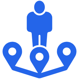 A person standing in the center with three location markers around them.