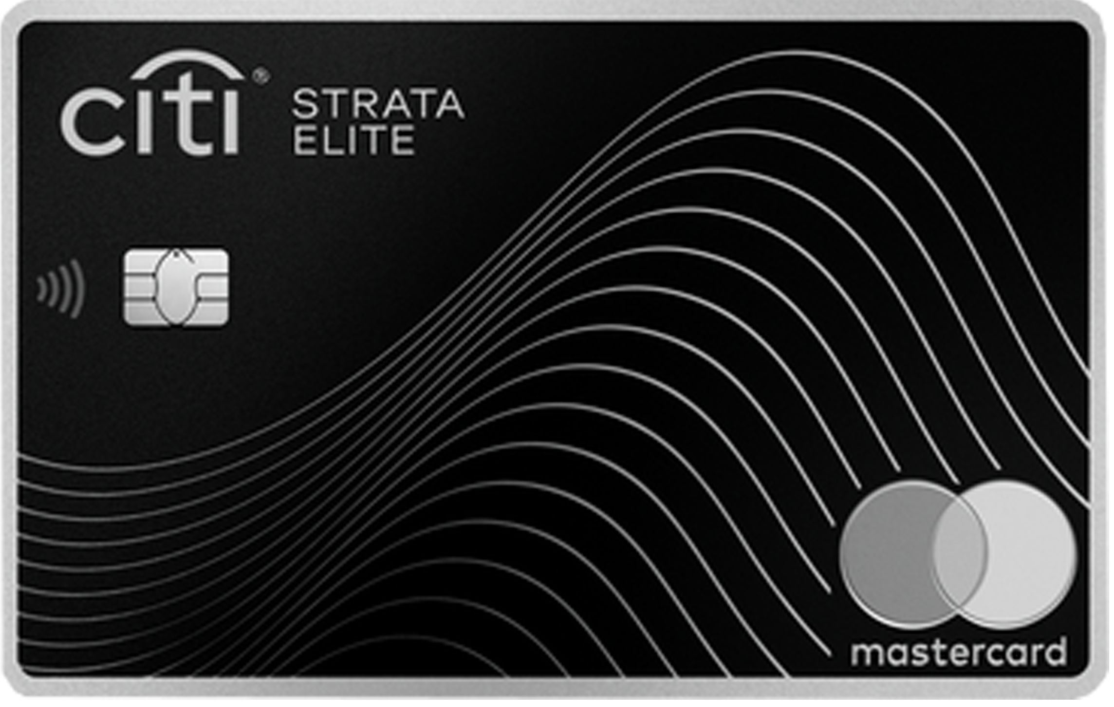 Black Citi Stratа Elite Mastercard with white wavy line design, contactless payment symbol, chip, and Mastercard logo.