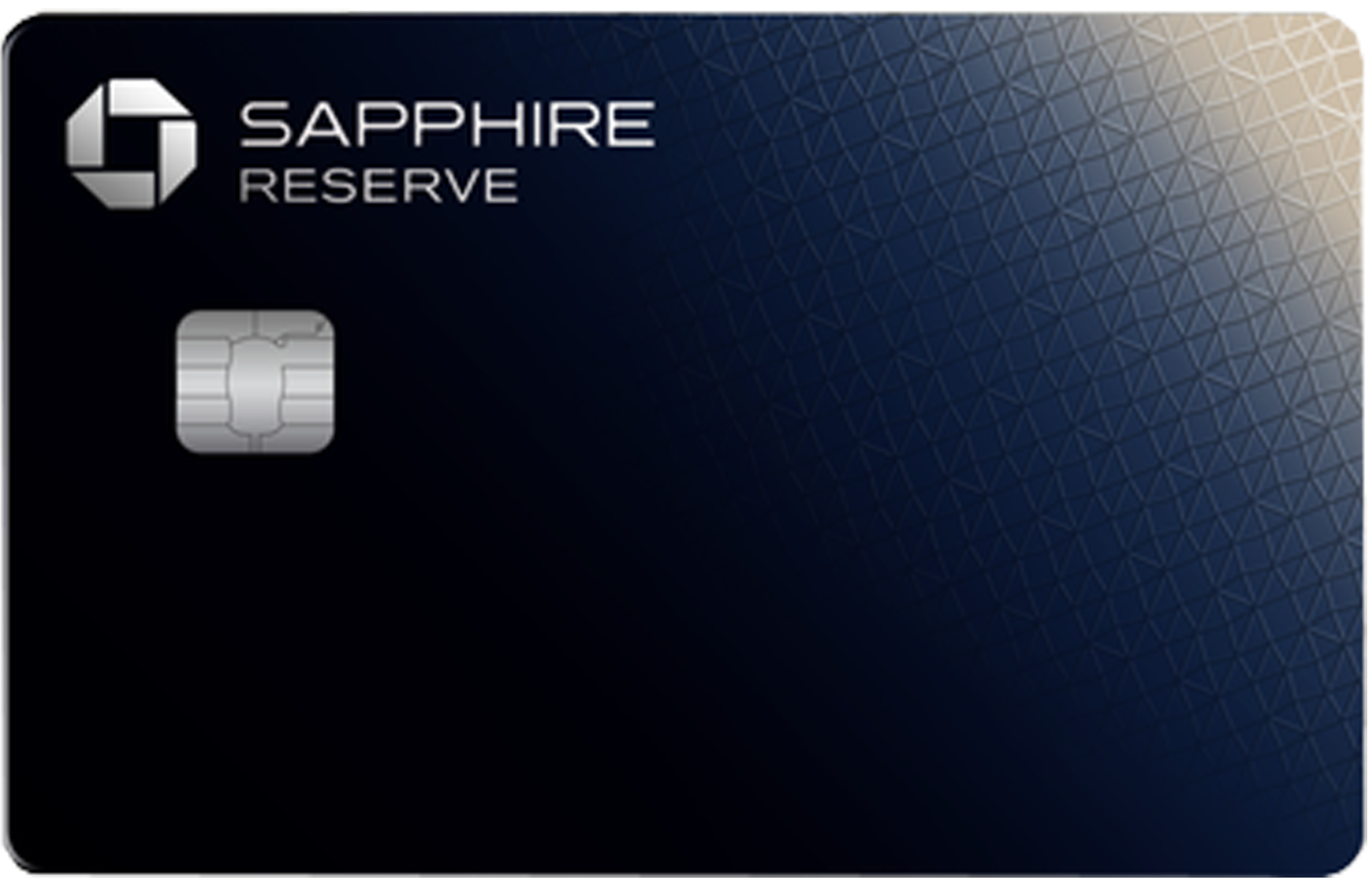 Close-up of a Sapphire Reserve credit card with a dark blue geometric background and silver chip.