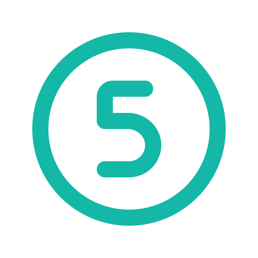 A teal-colored badge with the number five inside a circle.