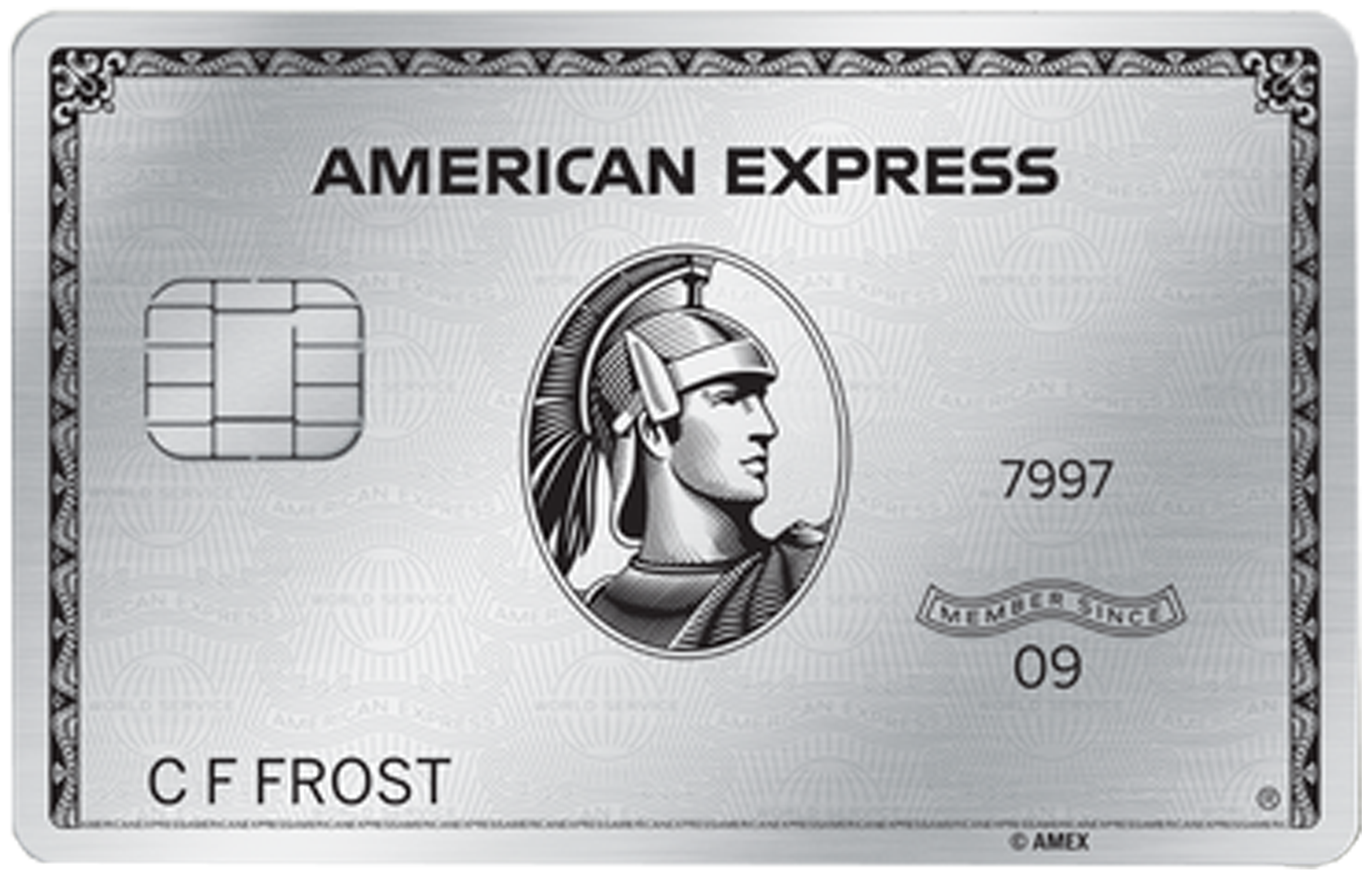 Front of an American Express credit card featuring a profile image of a woman in a helmet, with card number 7997, expiration date 09, and cardholder name C F Frost.