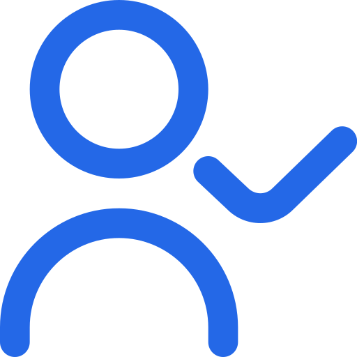 Blue outline icon of a person with a checkmark