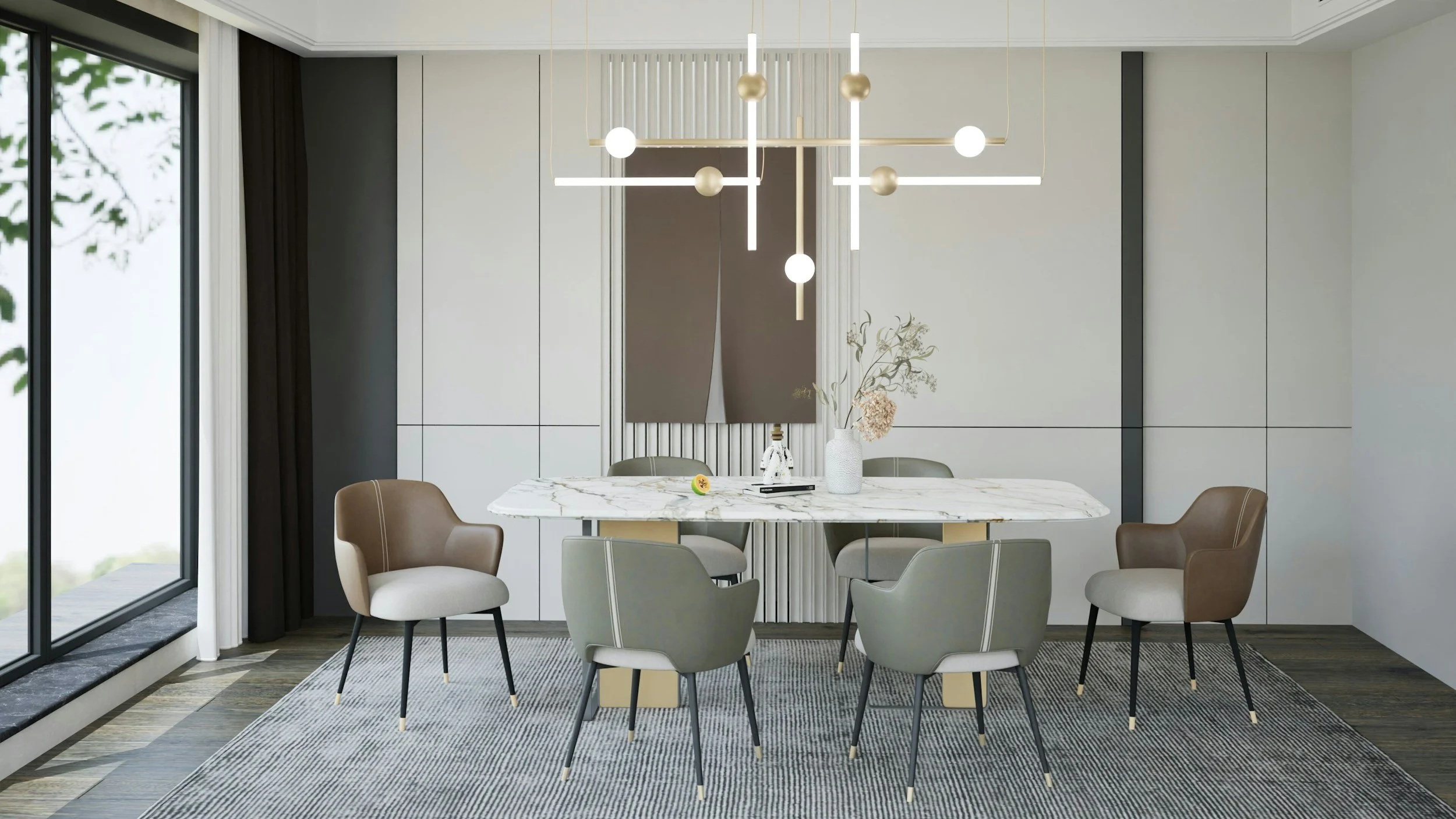 Modern dining room with a marble table, six chairs, a geometric chandelier, and a large window with black curtains.