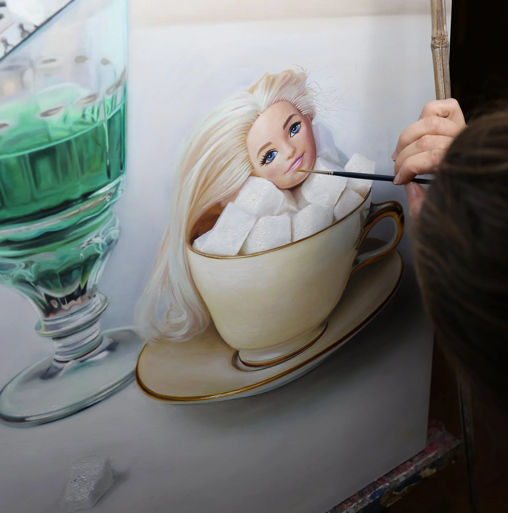Holy Sugar, oil painting by Tereza Barnard, studio work in progress, porcelain and absinthe detail