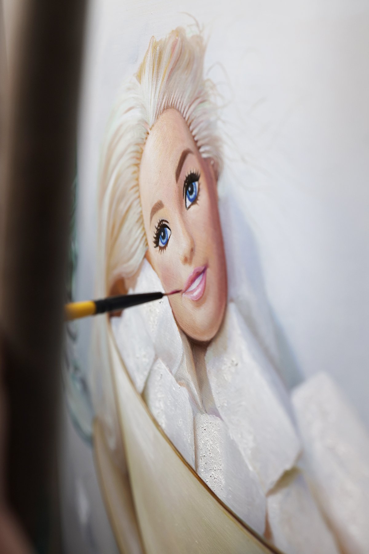 Holy Sugar, oil painting by Tereza Barnard, studio work in progress, figure close up detail