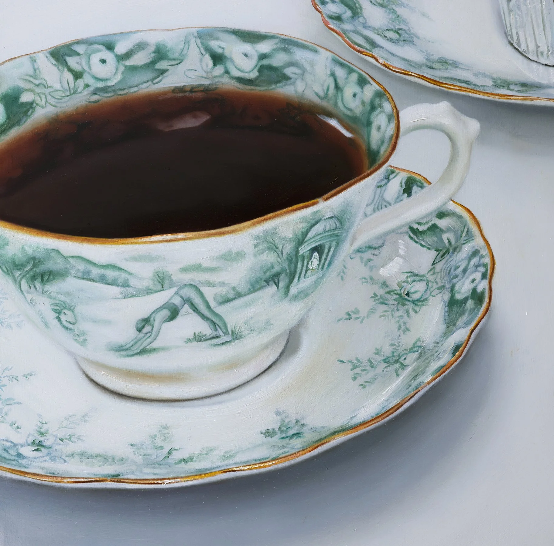 Knife Skills, oil painting by Tereza Barnard, pastoral scene on teacup